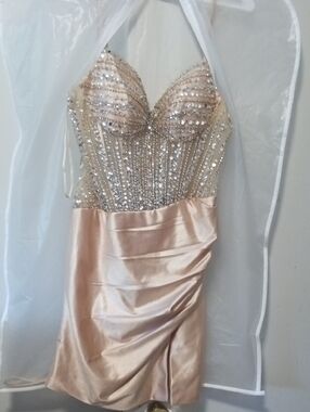 Sequined Champagne Halter Dress with Satin Skirt